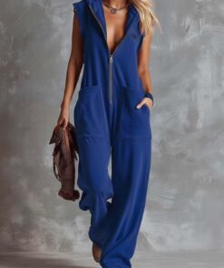 Retro Fashiona Sporty Hooded V neck Front Zipper Raspberry Cotton Jumpsuit Royal