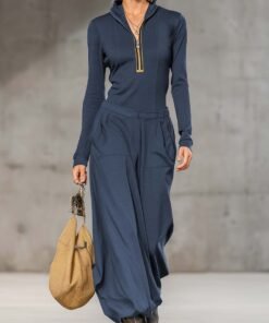 Casual Retro Sports Dark Half high Collar Front Zipper Long sleeved Top And Wide Pants Set Dark