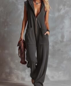 Retro Fashiona Sporty Hooded V neck Front Zipper Raspberry Cotton Jumpsuit Dark