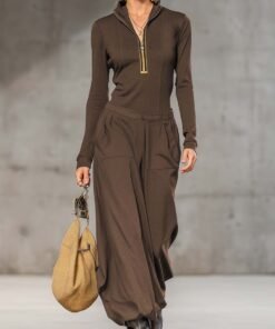 Casual Retro Sports Dark Half high Collar Front Zipper Long sleeved Top And Wide Pants Set