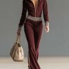 Retro Fashion Sports Hooded Zipper V neck Dark Knitted Jumpsuit Burgundy