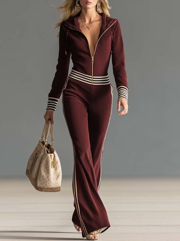 Retro Fashion Sports Hooded Zipper V neck Dark Knitted Jumpsuit Burgundy
