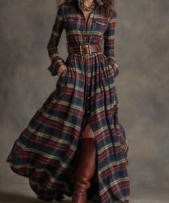 Retro Ethnic Style Lapel Reddish Plaid Maxi Dress