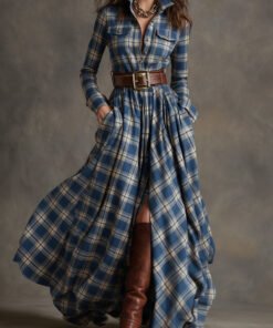 Retro Ethnic Style Lapel Reddish Plaid Maxi Dress