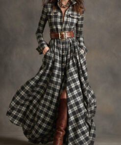 Retro Ethnic Style Lapel Reddish Plaid Maxi Dress