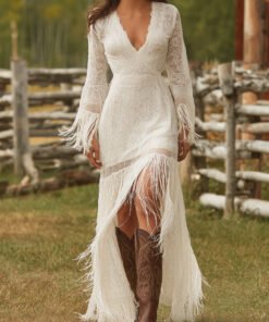 Retro Lace V neck Long Sleeve Tassel Short Front And Long Back Skirt Maxi Dress