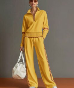 Retro Sporty Webbing Half zip Sweatshirt And Wide leg Pants Set