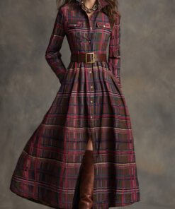 Retro Ethnic Style Lapel Reddish Plaid Maxi Dress Reddish