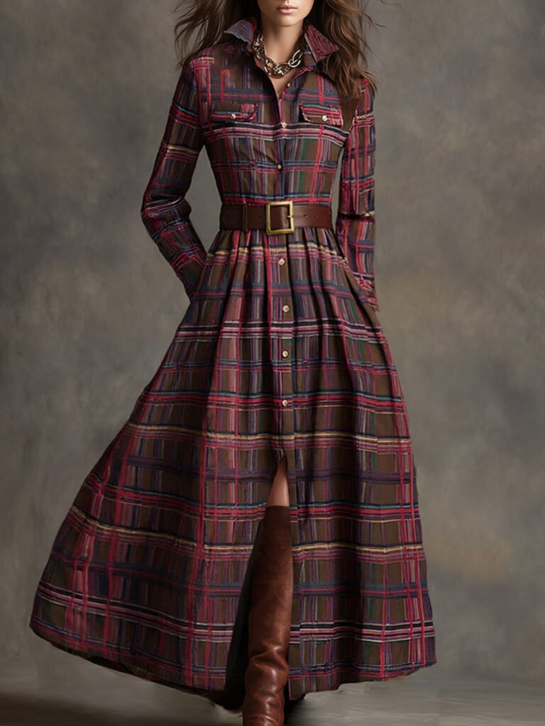 Retro Ethnic Style Lapel Reddish Plaid Maxi Dress Reddish