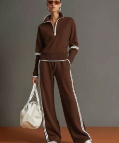 Retro Sporty Webbing Half zip Sweatshirt And Wide leg Pants Set