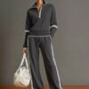 Retro Sporty Webbing Half zip Sweatshirt And Wide leg Pants Set Dark