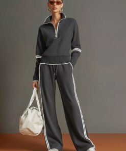 Retro Sporty Webbing Half zip Sweatshirt And Wide leg Pants Set Dark