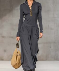 Casual Retro Sports Dark Half high Collar Front Zipper Long sleeved Top And Wide Pants Set