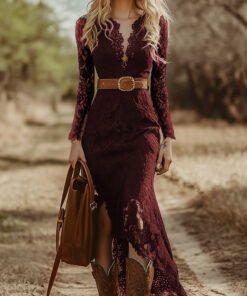 Vintage Bohemian Lace Long Sleeve Midi Dress Burgundy
