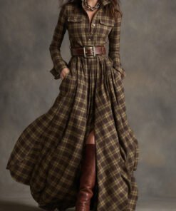 Retro Ethnic Style Lapel Reddish Plaid Maxi Dress