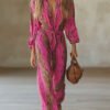 Casual Loose Rose Chiffon Leopard Print Long Sleeved Jumpsuit