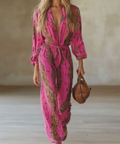 Casual Loose Rose Chiffon Leopard Print Long Sleeved Jumpsuit