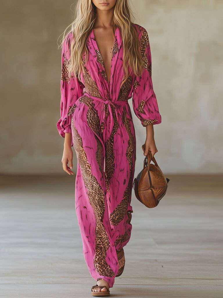 Casual Loose Rose Chiffon Leopard Print Long Sleeved Jumpsuit