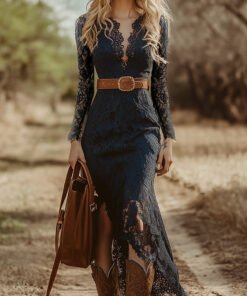 Vintage Bohemian Lace Long Sleeve Midi Dress