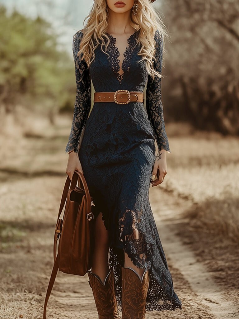 Vintage Bohemian Lace Long Sleeve Midi Dress