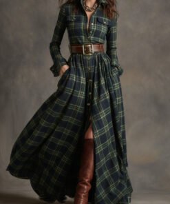 Retro Ethnic Style Lapel Reddish Plaid Maxi Dress